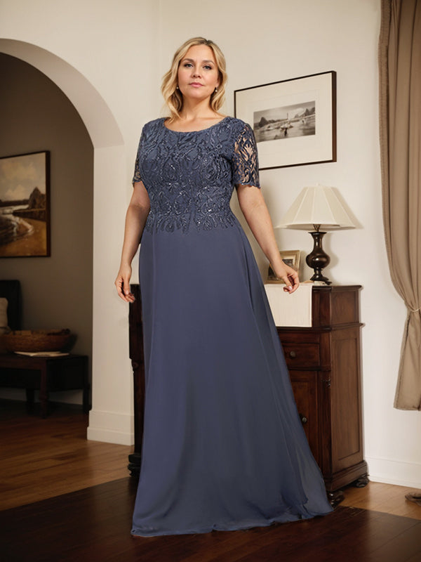 A-line Scoop Floor-Length Lace Chiffon Mother of the Bride Dress With Sequins - View 7 | FashionDia