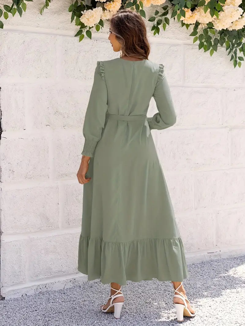 Elvia Minimalist Women's Belted and Flounced Maxi Dress Designer Edit