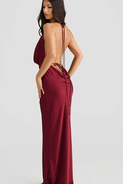 Sleeveless Halter Cowl Neck Satin Bodycon Dress