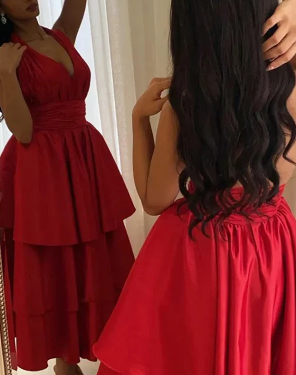 Charming Halter V Neck Evening Gown A Line Tiered Satin Prom Dress Y7660 - View 3 | VelvetHem