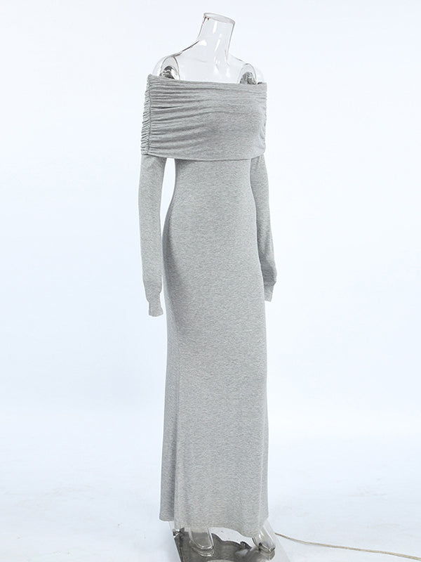 Long Sleeves Skinny Pleated Solid Color Split-Joint Off-The-Shoulder Evening Dresses Maxi Dresses - View 2 | VelvetHem