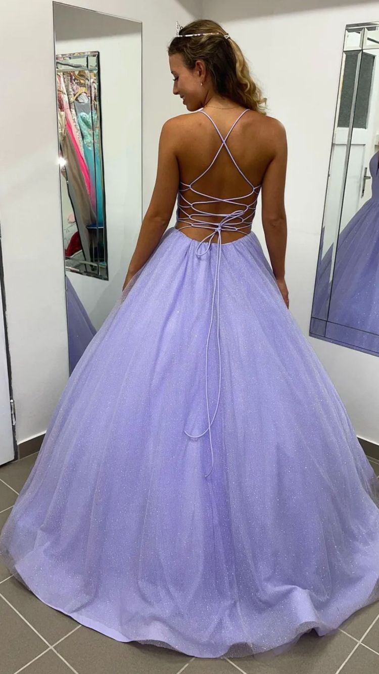 Purple V-neck tulle long prom dress evening dress