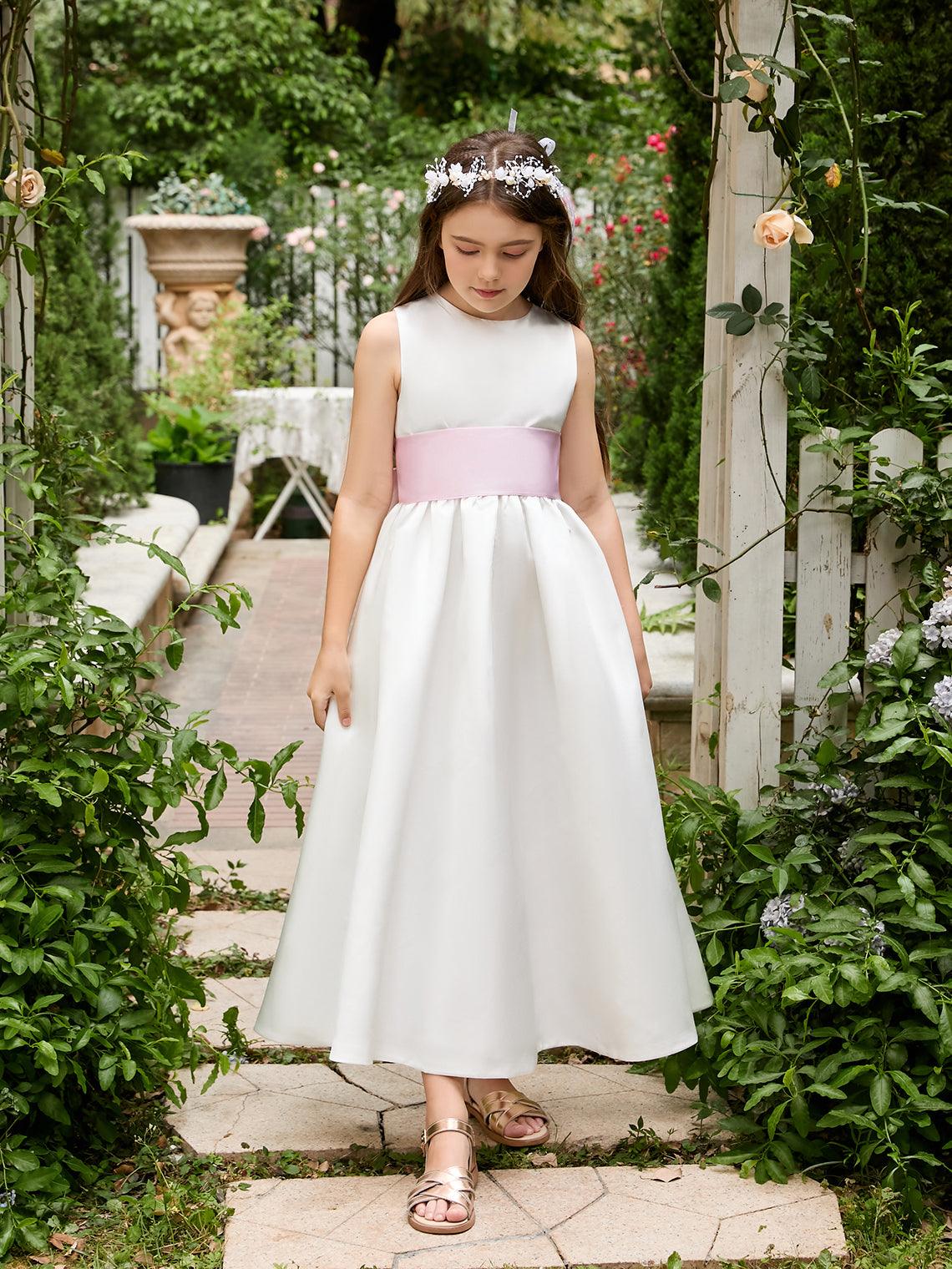 Ivory Satin Flower Girl Ball Gown with Sash Bow | Ankle-Length Tulle Dress (010007314) - View 3 | VelvetHem