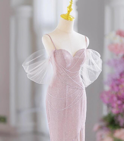 Elegant Pink Mermaid Spaghetti Straps Beading Prom Evening Dress Y7615 - View 2 | VelvetHem