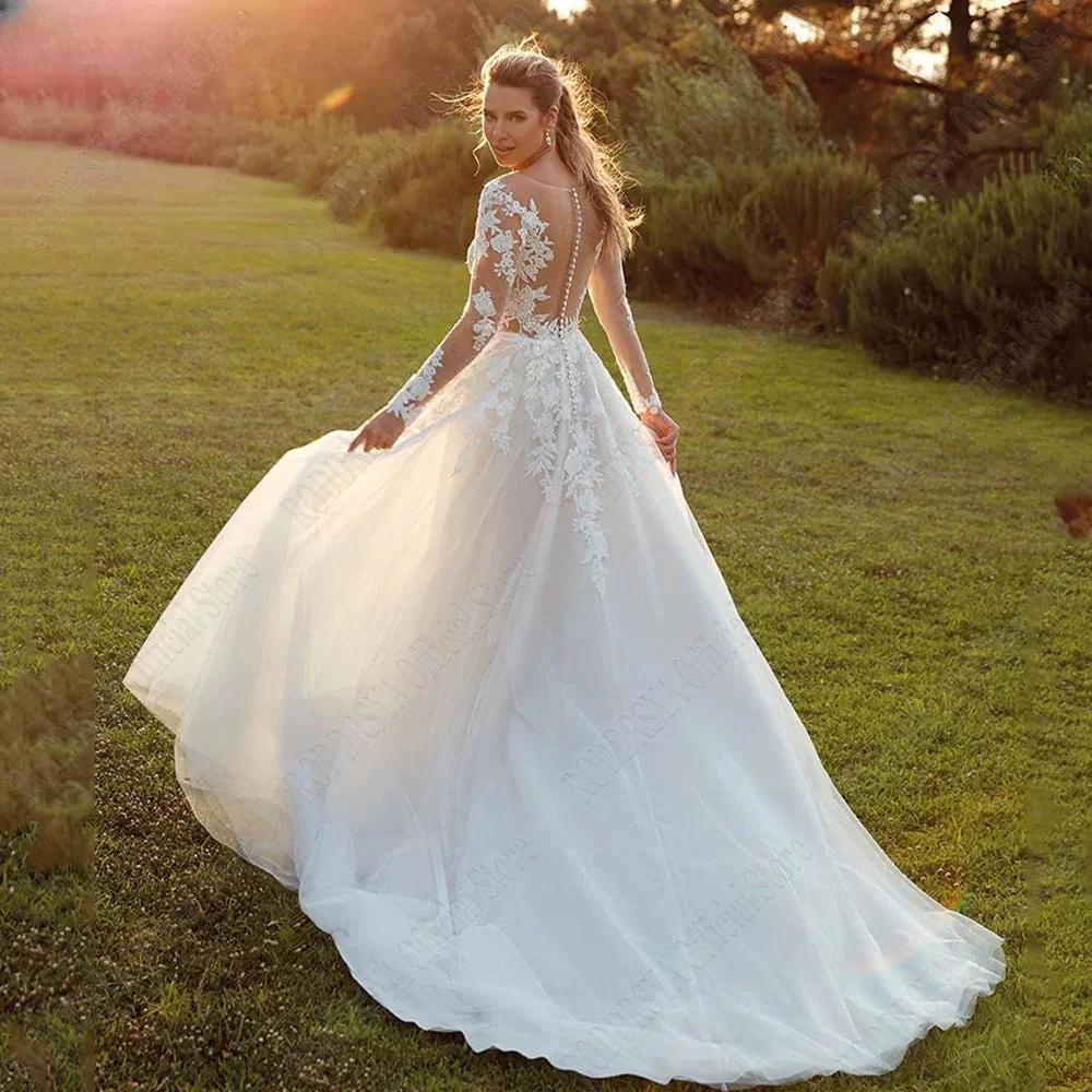 Pastrol Wedding Dresses For Woman Long Sleeves Illusion Back Scoop Bride Gowns Applique A-Line Tulle vestidos de novia (ZD13331)