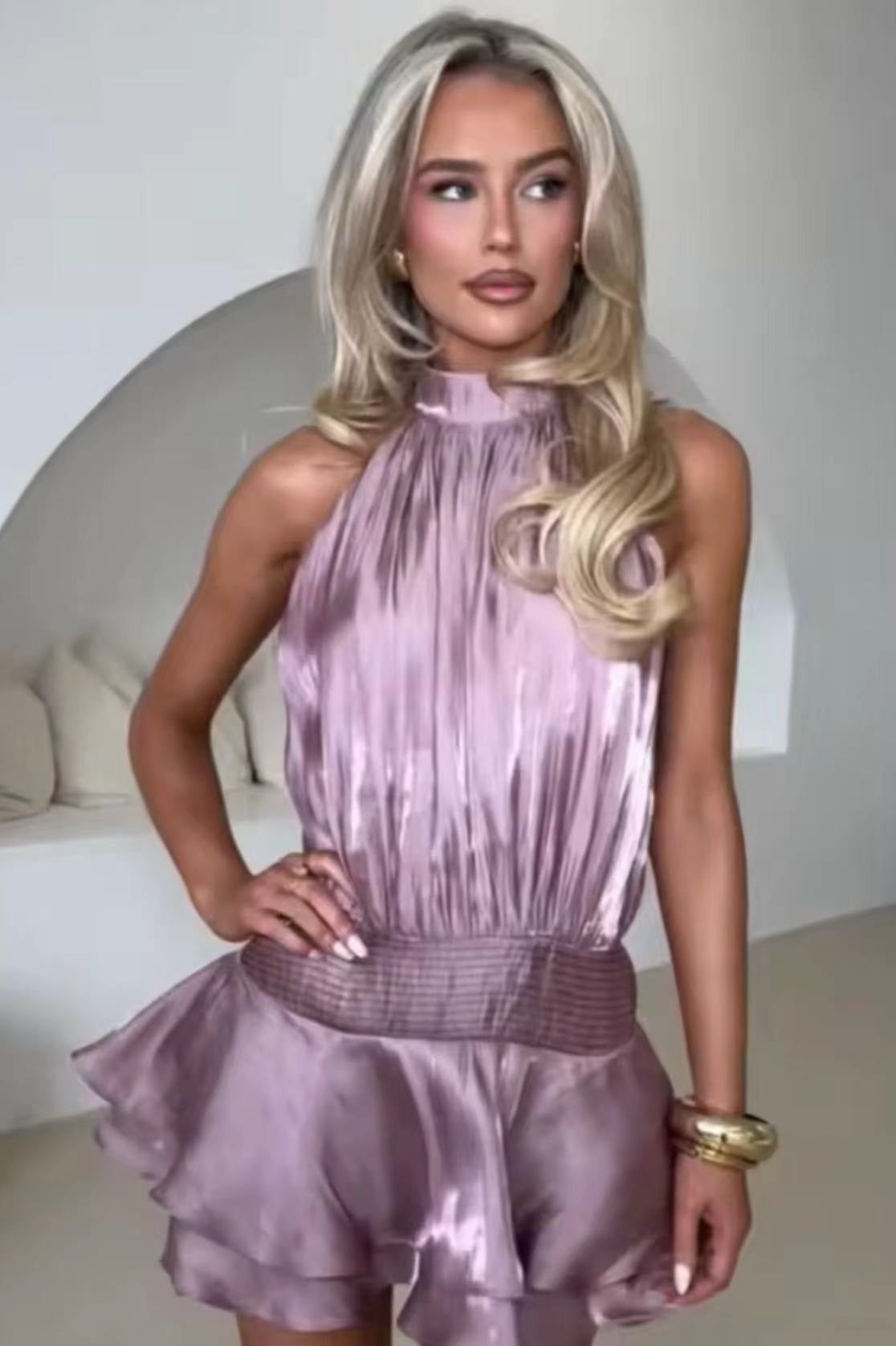Elegant Halter Satin Jacquard Stripe Mini Dress