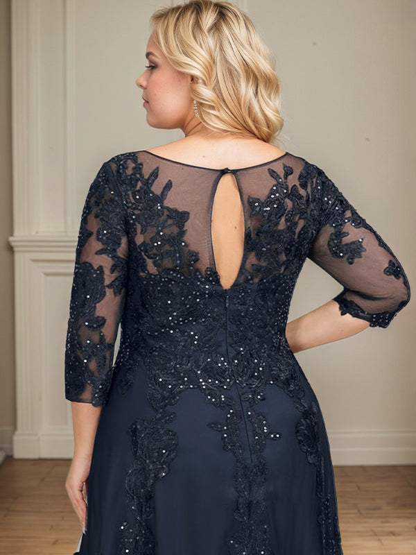A-line Scoop Illusion Floor-Length Tulle Lace Mother of the Bride Dress With Sequins