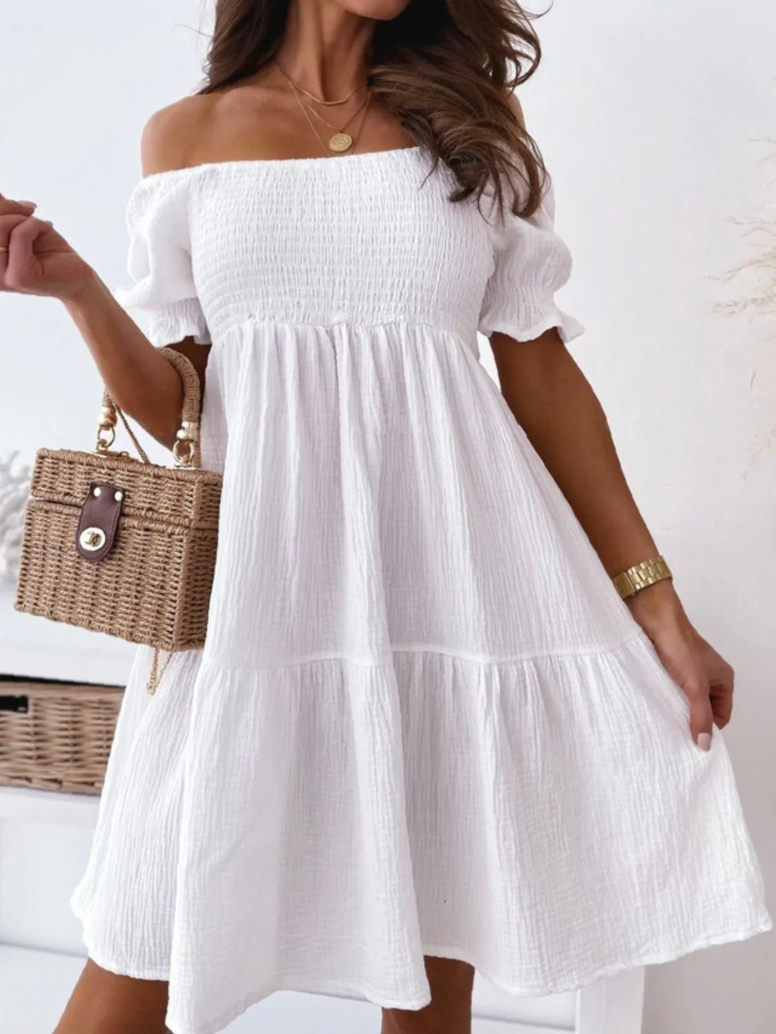 Clara Premium Off the Shoulder Short Sleeved Mini Dress Boutique Collection