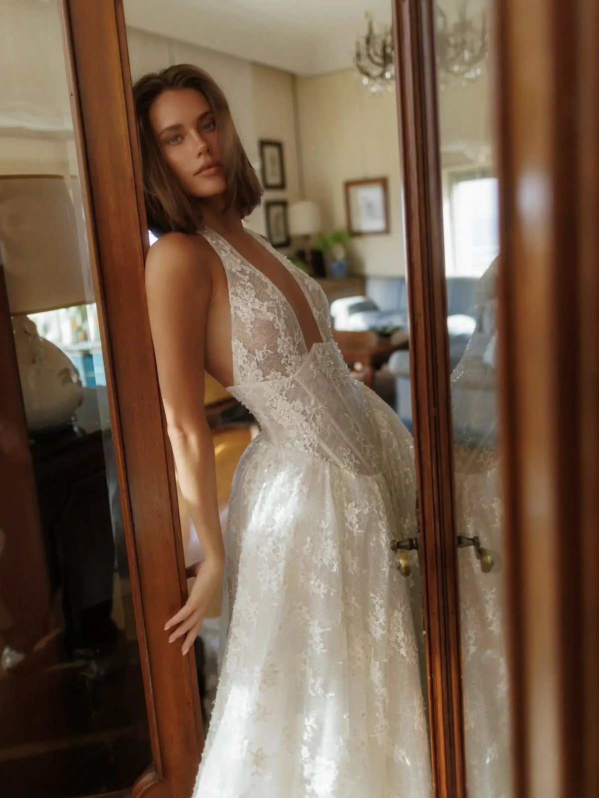 Modern Ivory Lace Deep V-Neck Halter Ball Gown Wedding Dress with Train ZP119