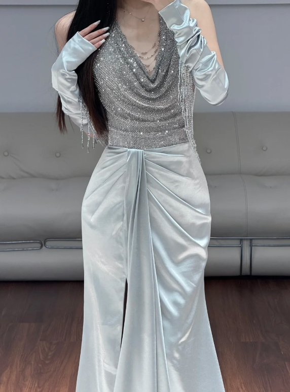 V Neck Satin Prom Party Dress Mermaid Sparkling Evening Dress Graduation Dress fg8701