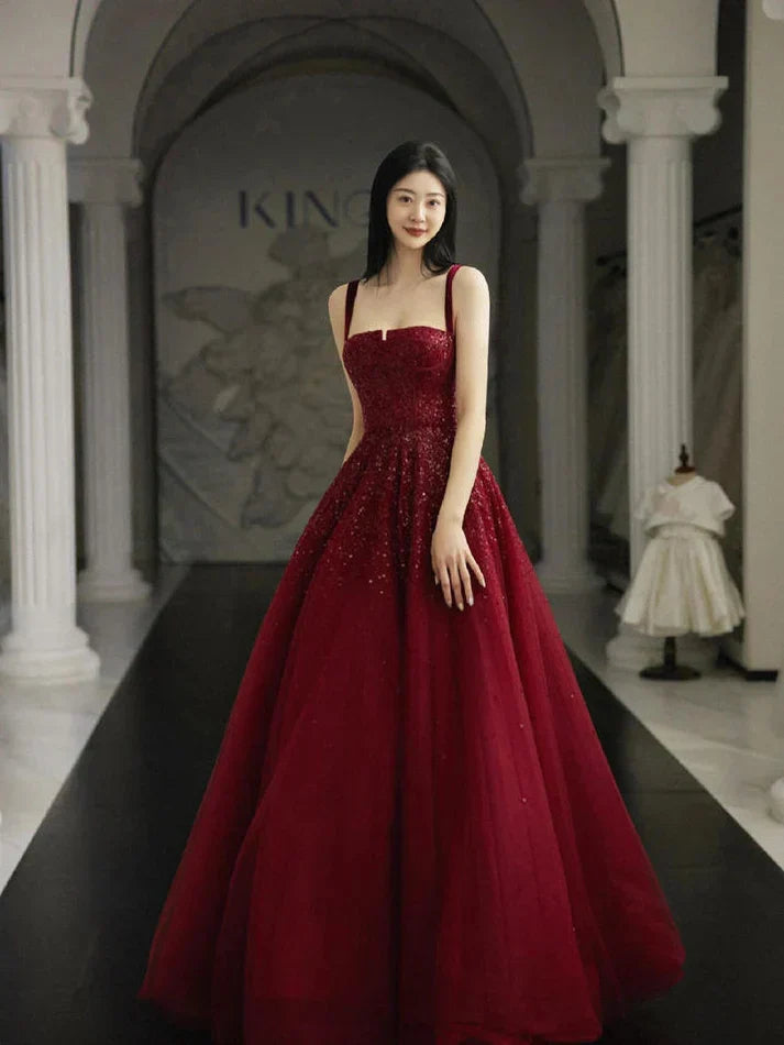 Burgundy Prom Dresses A line Straps Tulle Evening Dresses      fg6734