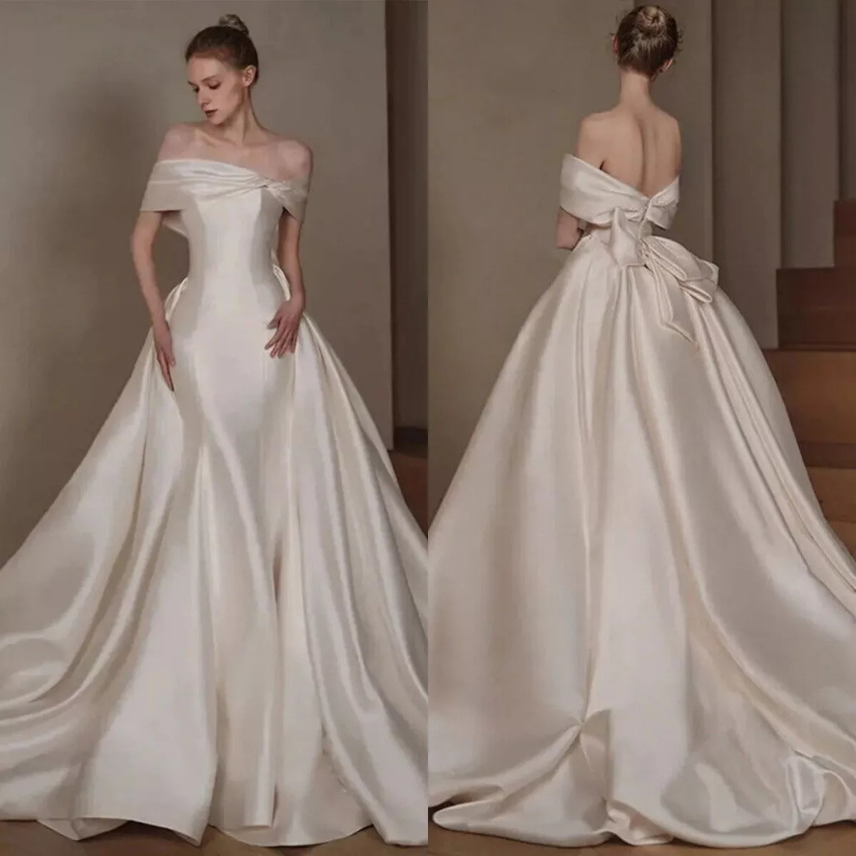 Luxury Satin A-Line Wedding Dress Boat Neck Sleeveless Off Shoulder Bridal Gown   fg7609