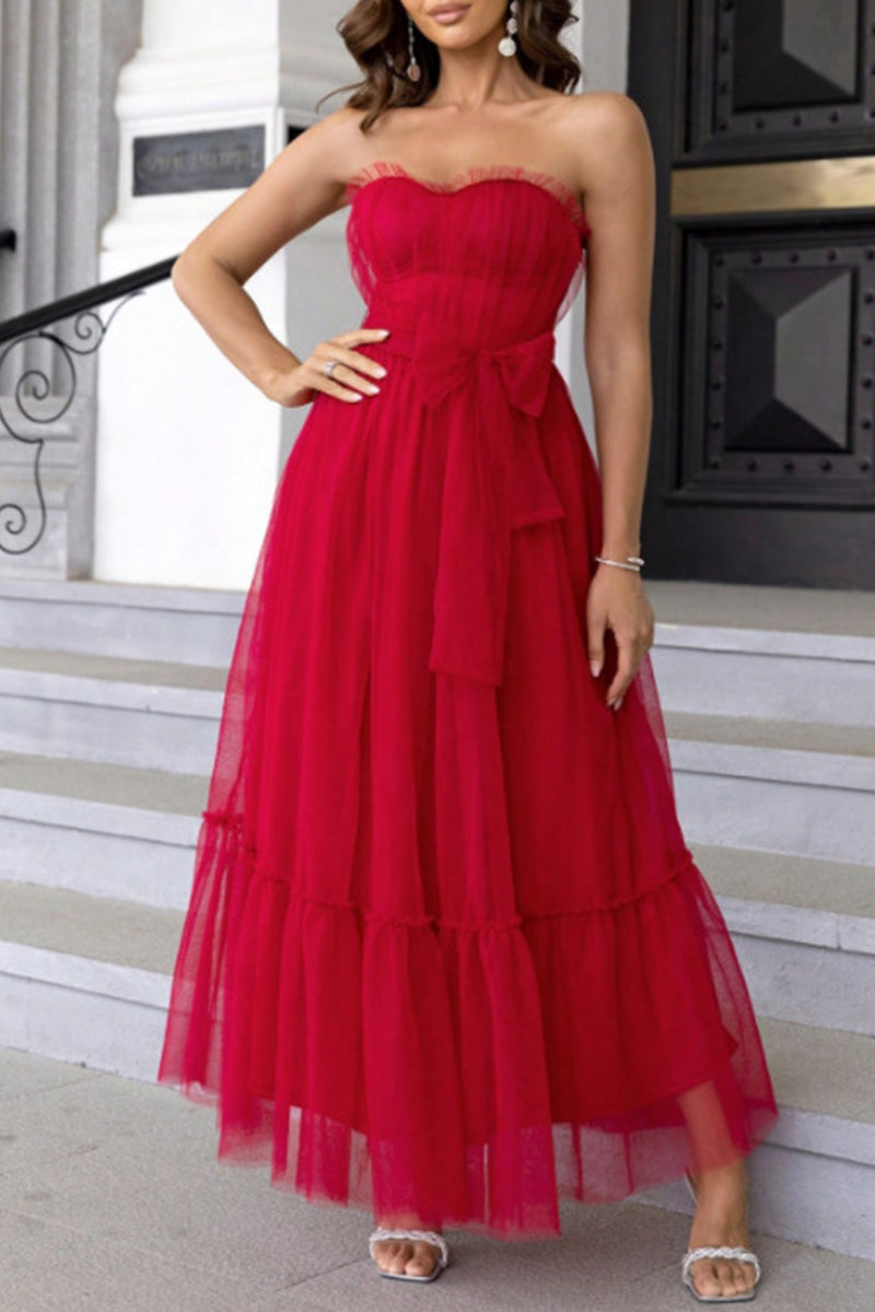 Elegant Formal Solid Frenulum Flounce With Bow Strapless Evening Dress Dresses - View 7 | VelvetHem
