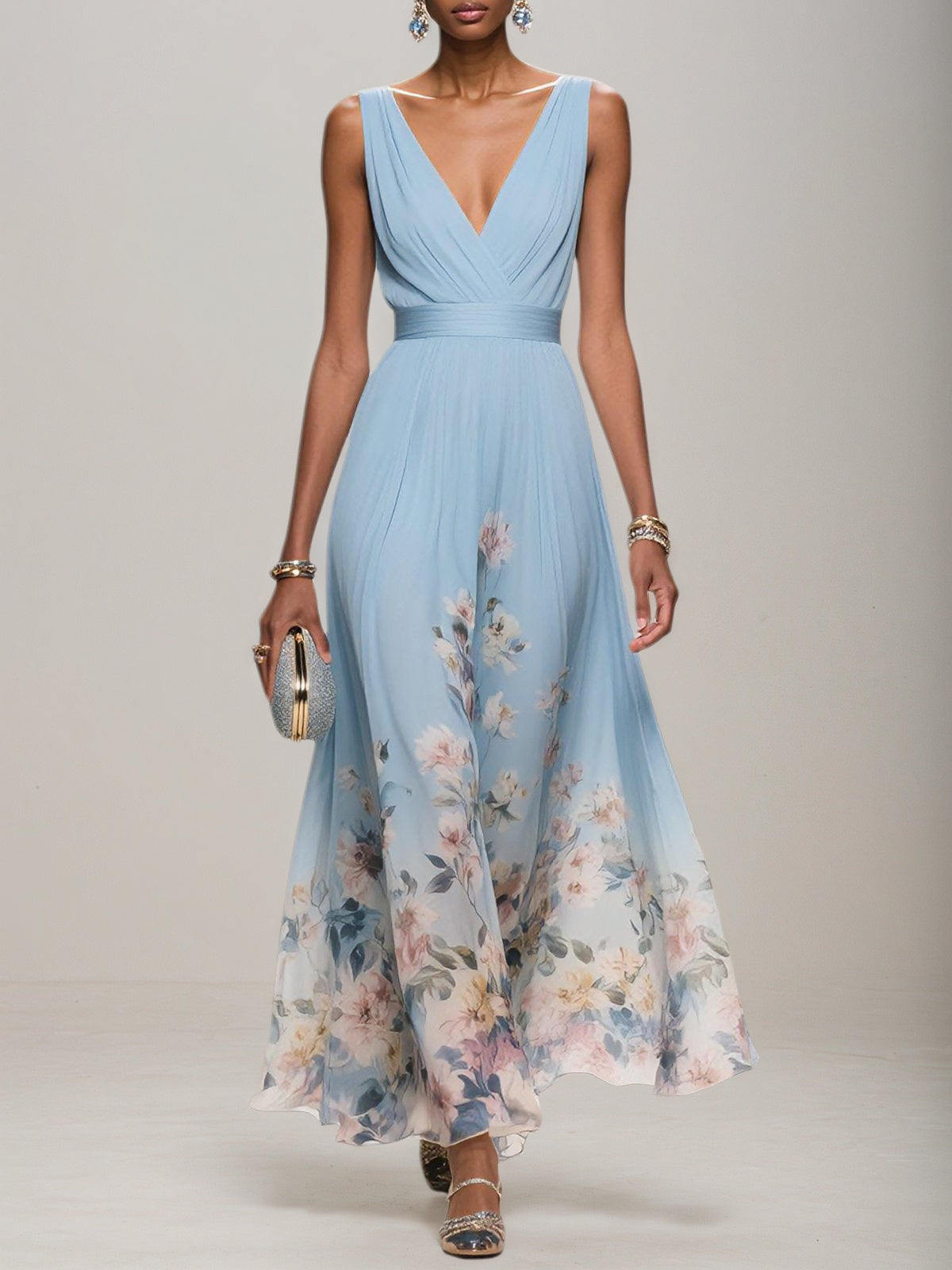 Light Blue Floral Chiffon V Neck Sleeveless A Line Maxi Dress