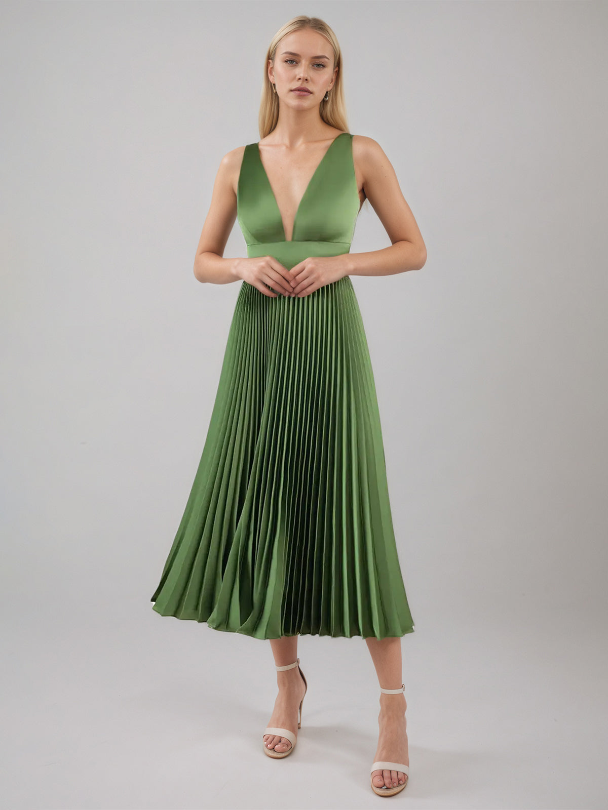 Olive Green A Line Satin V Neck Sleeveless Tea Length Dress
