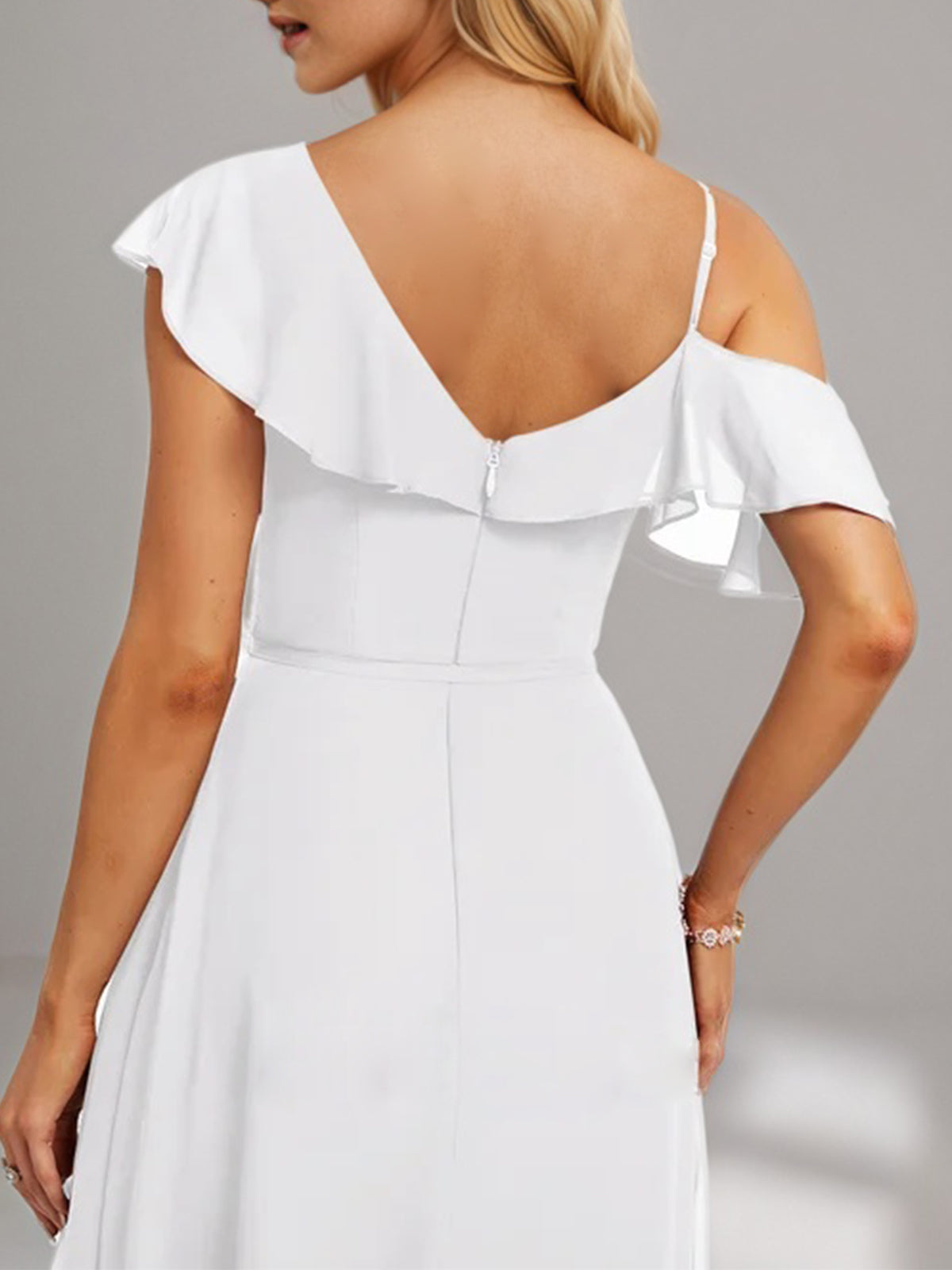 White A-Line Asymmetrical Floor-Length Chiffon Bridesmaid Dress With Ruffle