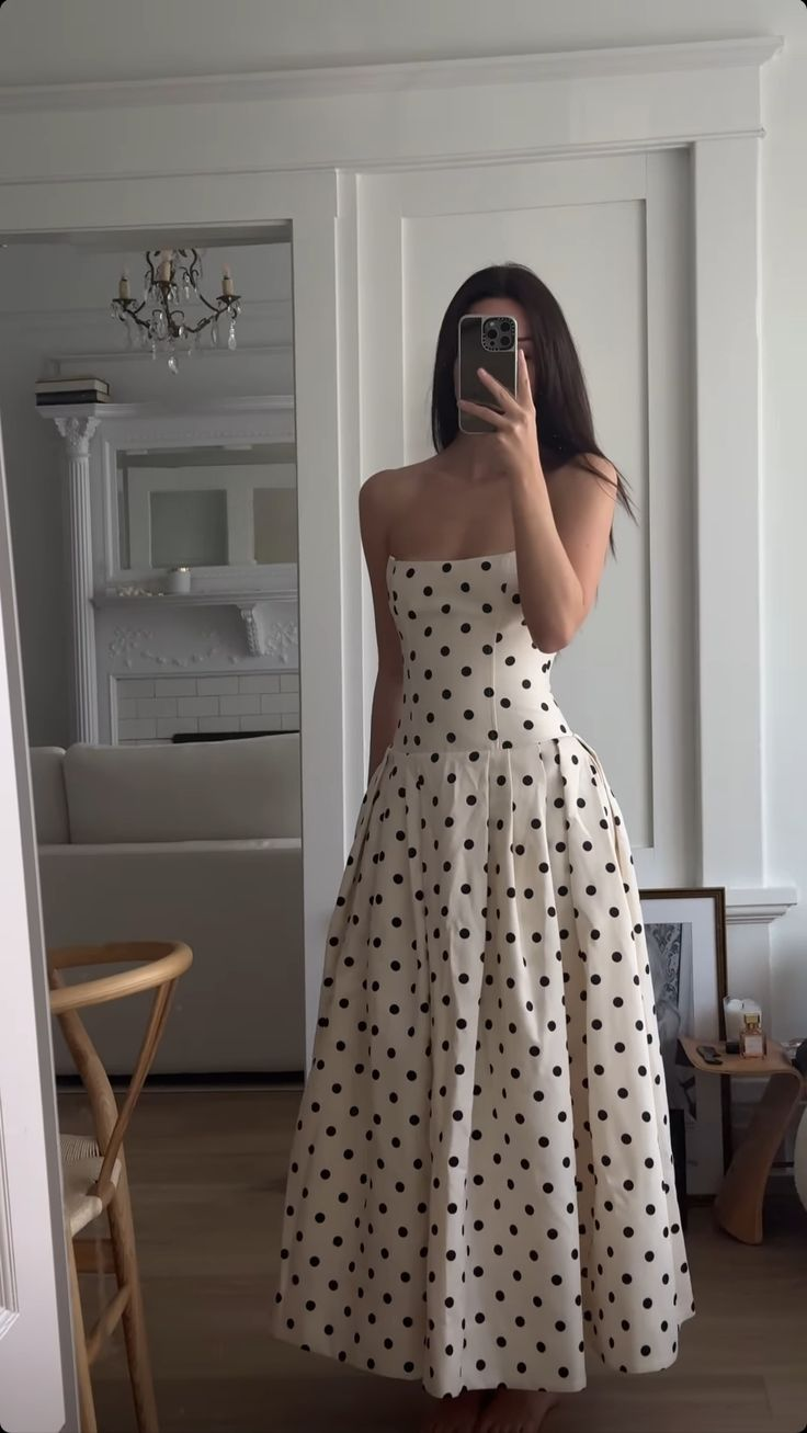 A-Line Polka Dots Maxi Dress Strapless Evening Dress