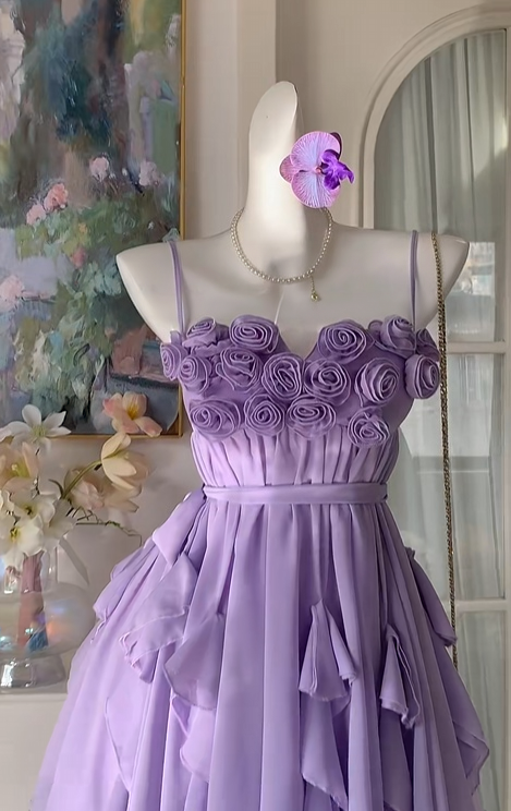 Spaghetti Straps Purple Chiffon Homecoming Dress Ruffled Party Dress