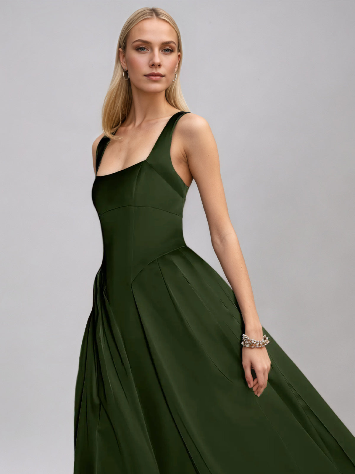 Olive Green A Line Satin Square Neck Sleeveless Tea Length Dress
