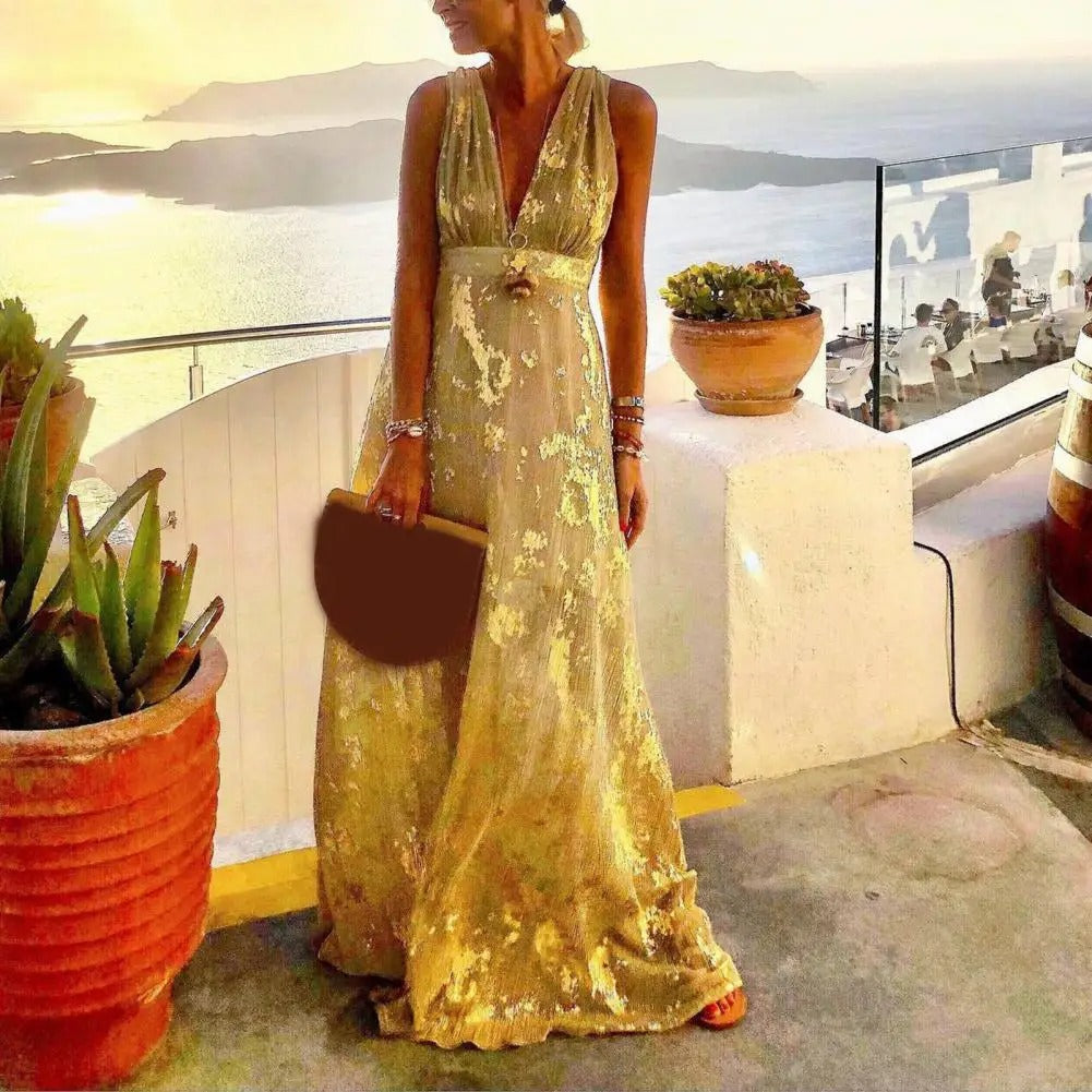 Jovita Aesthetic Long Dress with V Neck and Gold Sequins Chic Silhouette Collection