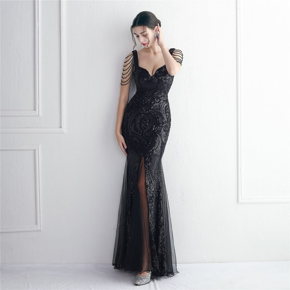Sequin Mesh Craft Beaded Party Dress Long Cocktail Slim Fit Evening Dress Elegant Long - View 2 | VelvetHem