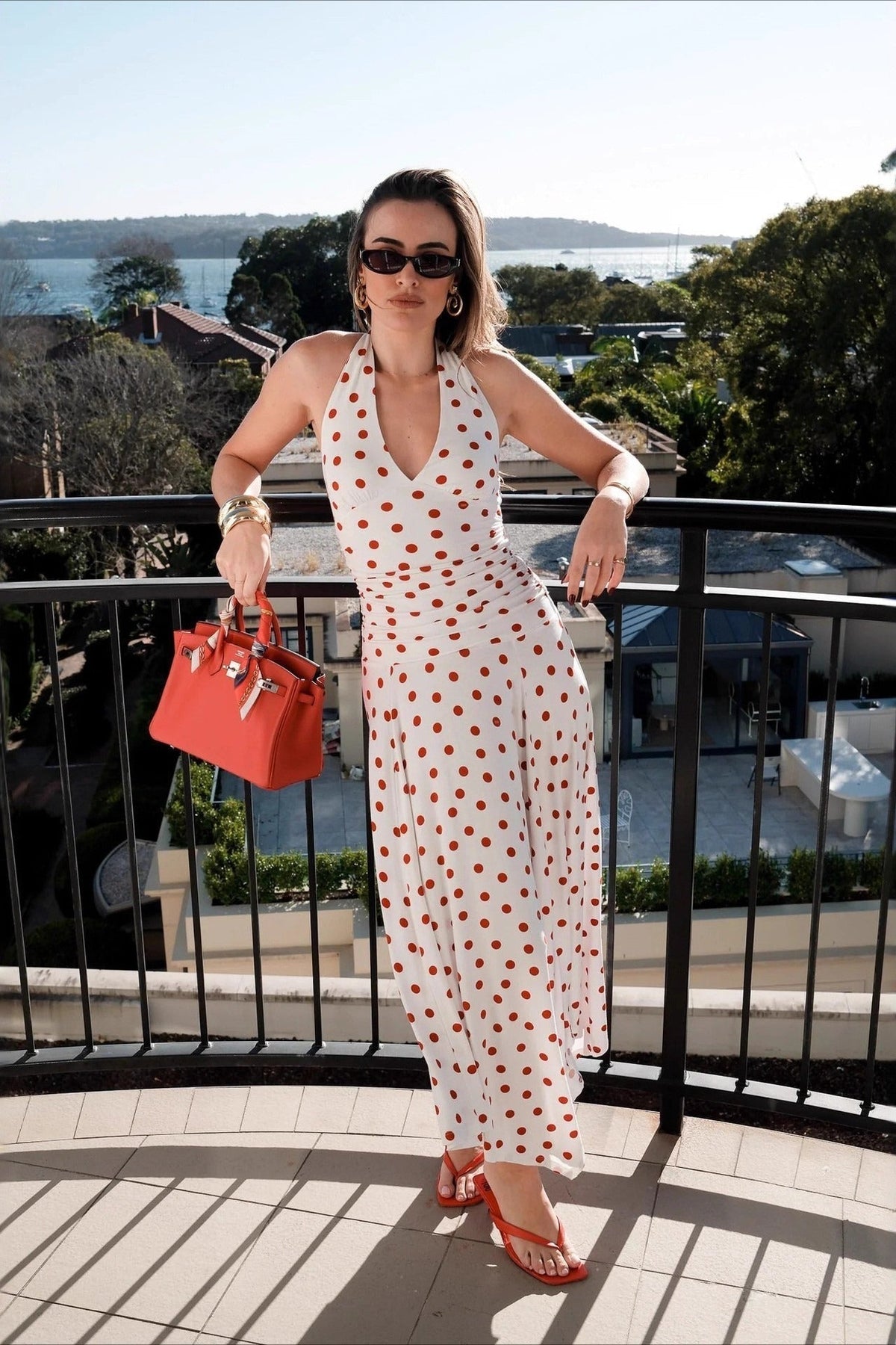 Polka Dot Halter V-Neck Ruched Maxi Dress - VelvetHem