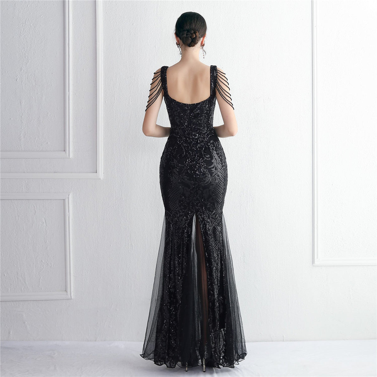 Sequin Mesh Craft Beaded Party Dress Long Cocktail Slim Fit Evening Dress Elegant Long - View 3 | VelvetHem