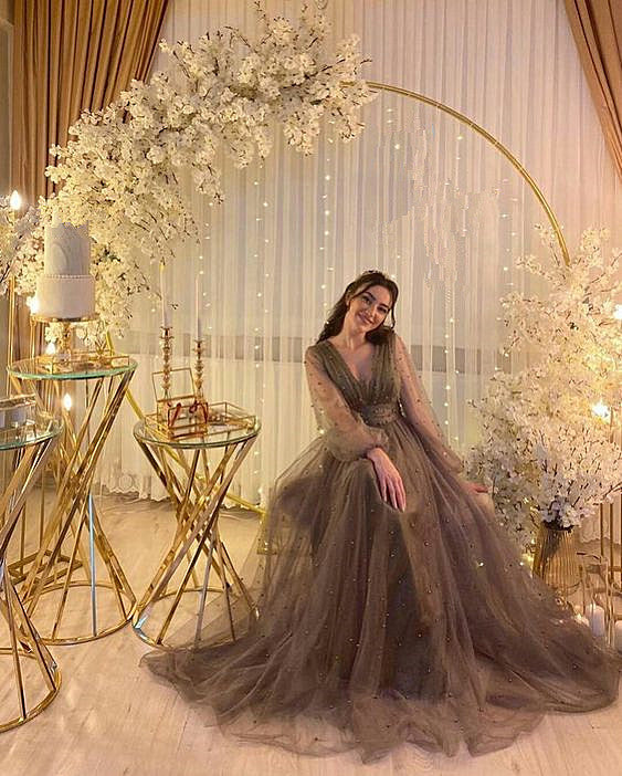 A-line V-neck Tulle Illusion Evening Dress Sheer Long Sleeves Evening Gown Y1204 - View 2 | VelvetHem