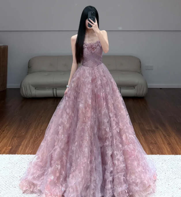 Pink Flora Prom Party Dress Sleeveless Tulle Evening Dress