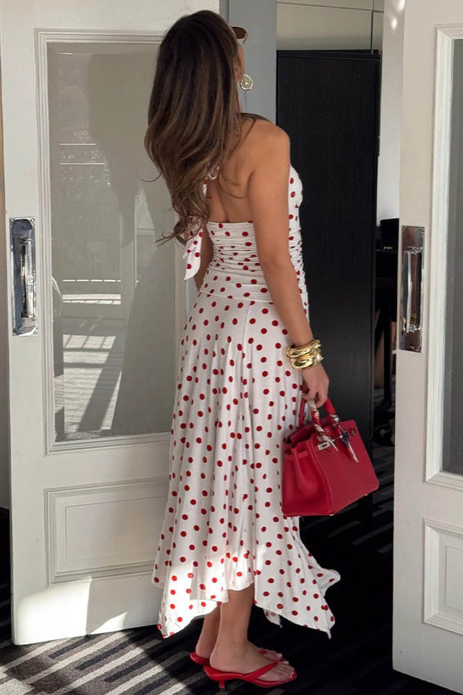Polka Dot Halter V-Neck Ruched Maxi Dress - View 3 | VelvetHem