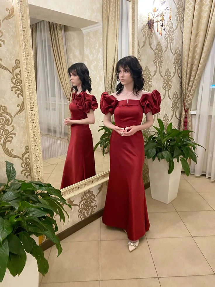 Red Satin Mermaid Prom Dress Puff Sleeves Party Evening Dress