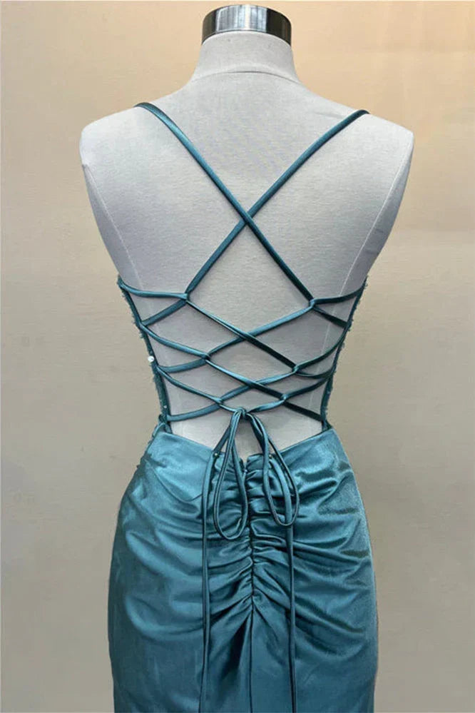Hot Mermaid Spaghetti Straps Green Long Prom Dress with Criss Cross Back