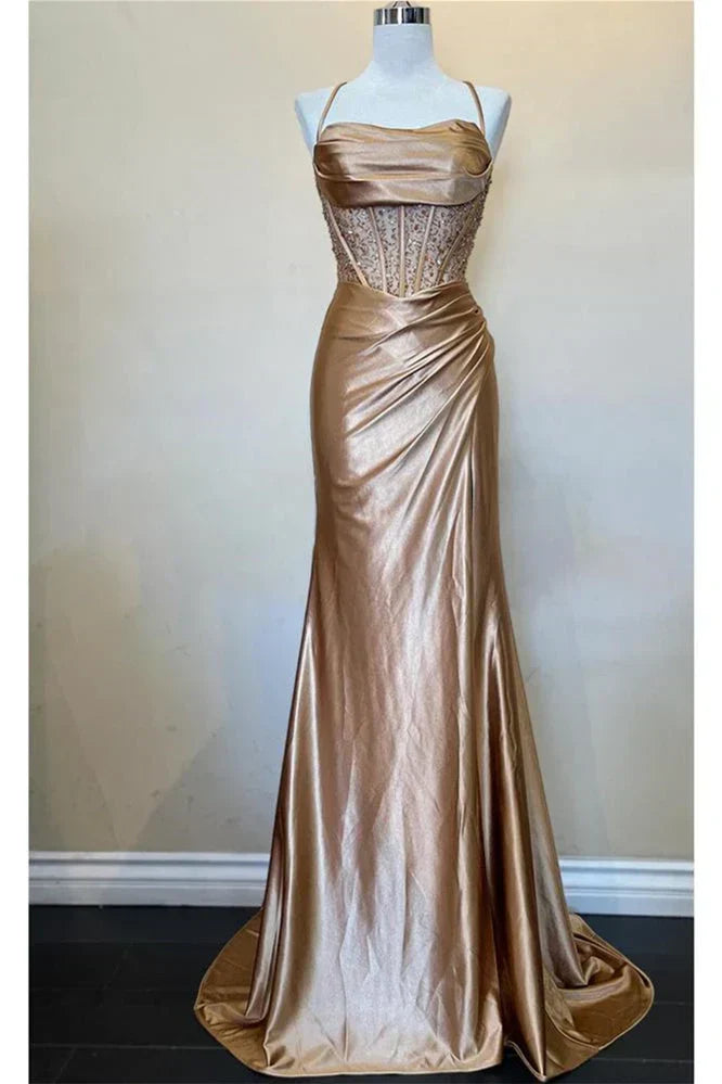 Hot Mermaid Spaghetti Straps Green Long Prom Dress with Criss Cross Back