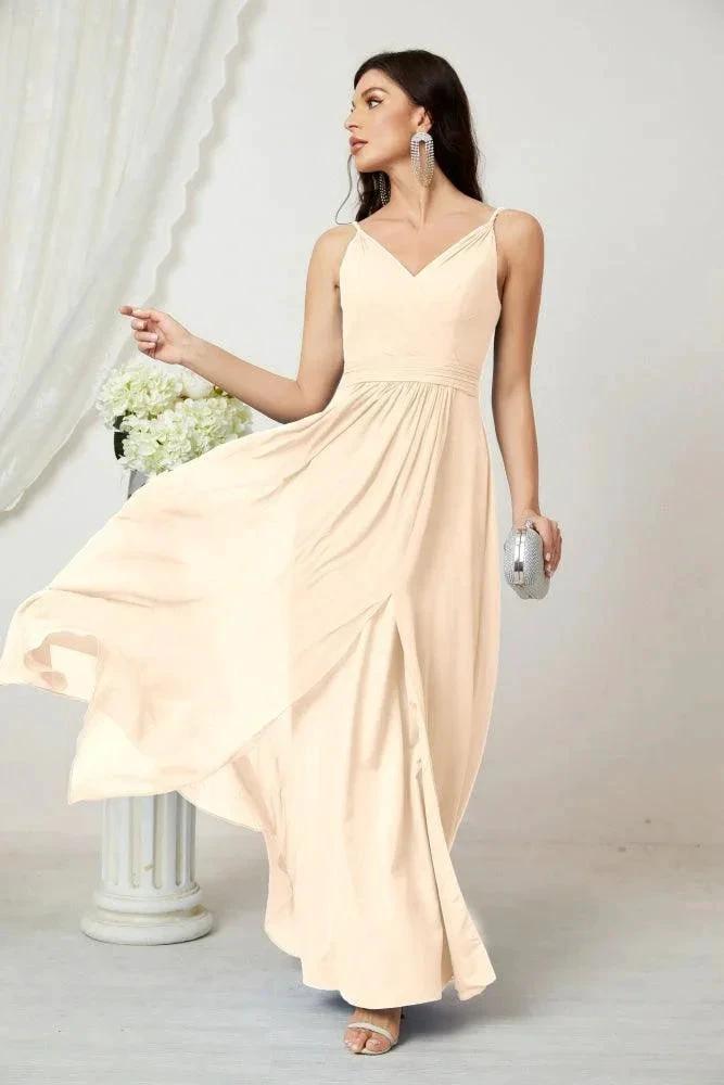 Numbersea Chiffon V-Neck Bridesmaid Dress Spaghetti Strap Long Formal Party Prom Gowns with Slit 28010 by numbersea