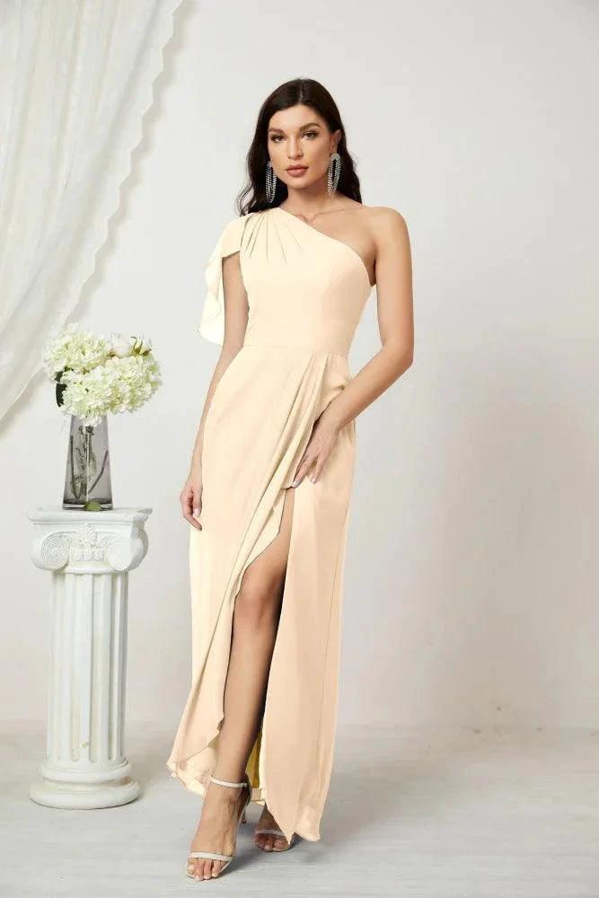 Numbersea Chiffon Ruffled One Shoulder Long Bridesmaid Dresses A-line Formal Evening Gown Side Split 2809 by numbersea