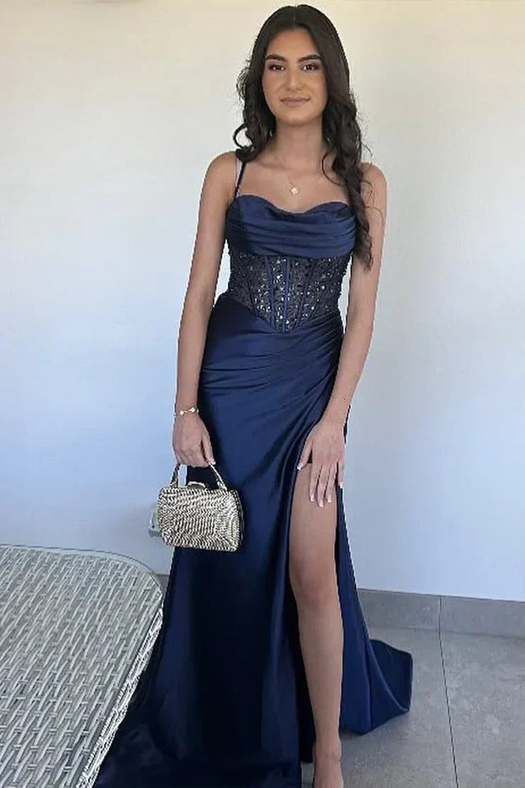 Trendy Mermaid Spaghetti Straps Green Corset Prom Dress with Split Front