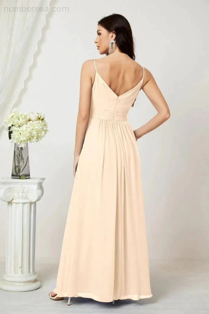 ZapDress Chiffon V-Neck Bridesmaid Dress Spaghetti Strap Long Formal Party Prom Gowns with Slit 28010 (ZD17028)