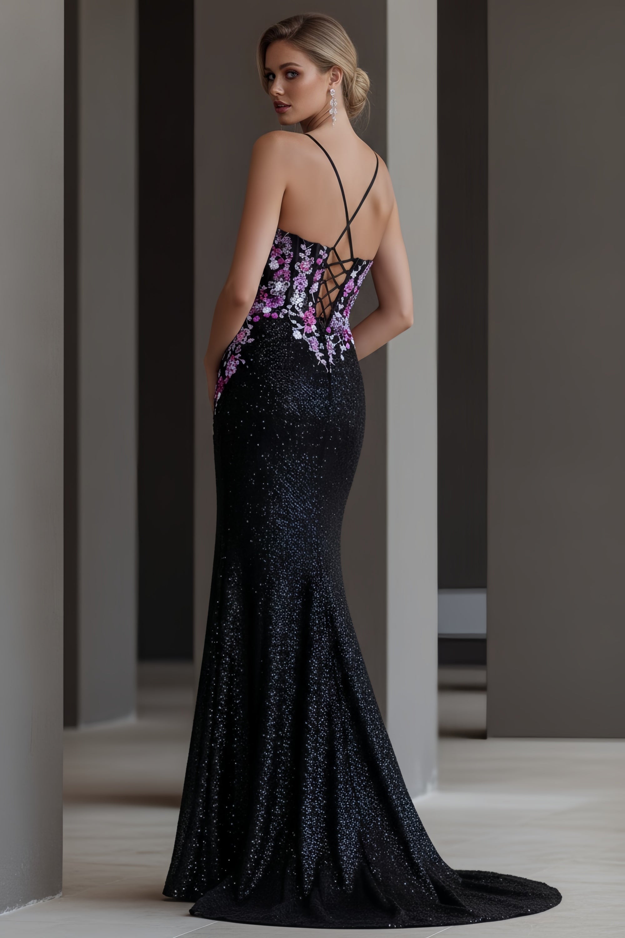 Floral Embroidered Corset Evening Gown with Glitter and High Slit