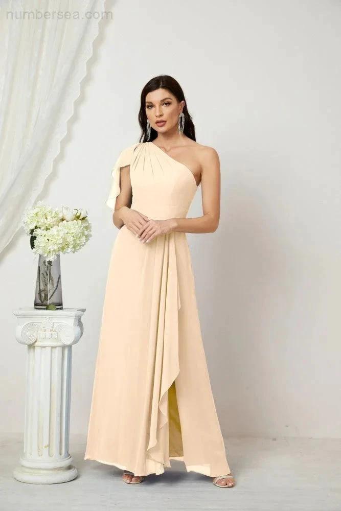 ZapDress  Chiffon Ruffled One Shoulder Long Bridesmaid Dresses A-line Formal Evening Gown Side Split 2809 (ZD17049)