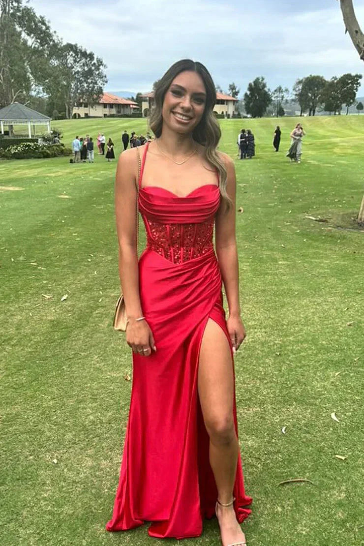 Trendy Mermaid Spaghetti Straps Green Corset Prom Dress with Split Front