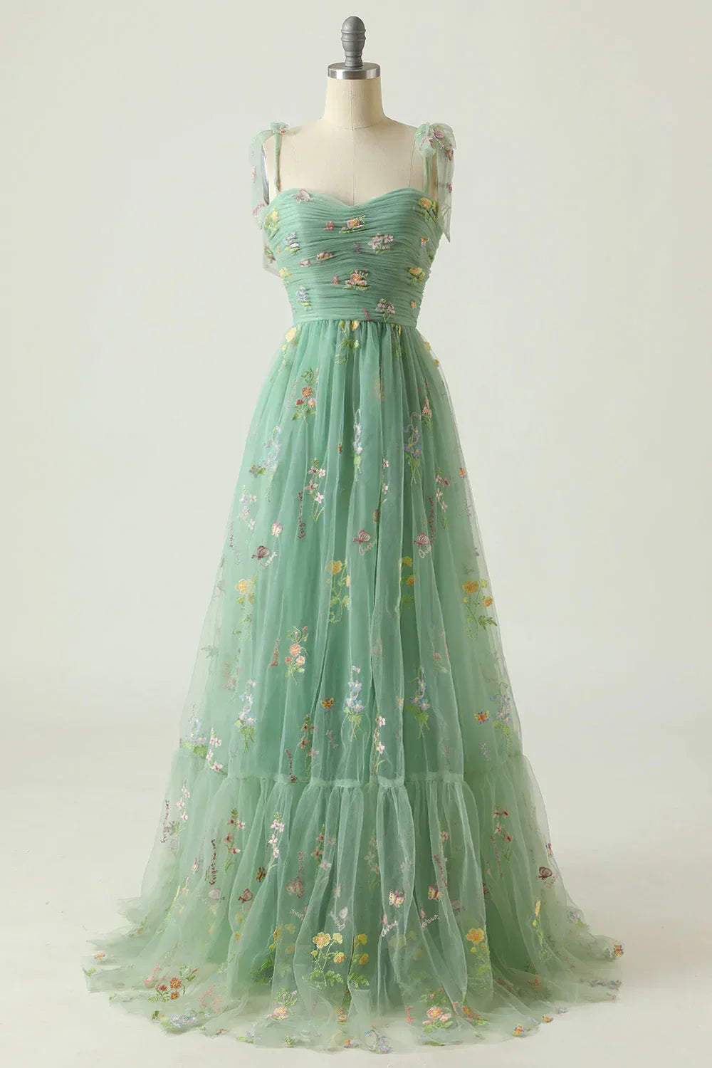 Elegant A Line Spaghetti Straps Champagne Long Prom Dress with Embroidery
