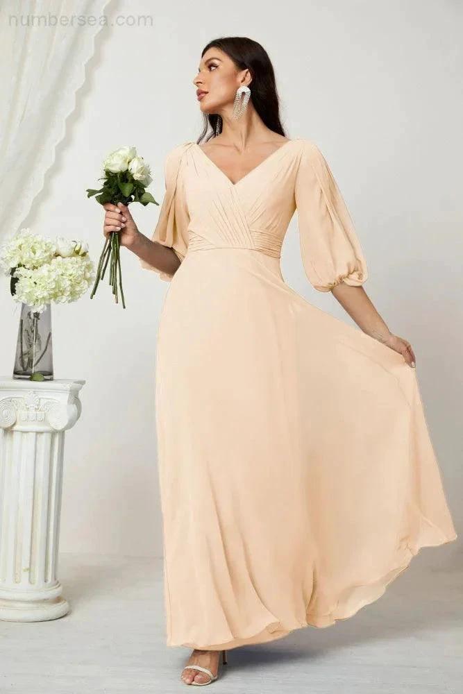 ZapDress  Formal Prom Gown Women V-Neck Chiffon Bridesmaid Dresses Long Bishop Sleeve Party Dress 2807 (ZD17027)