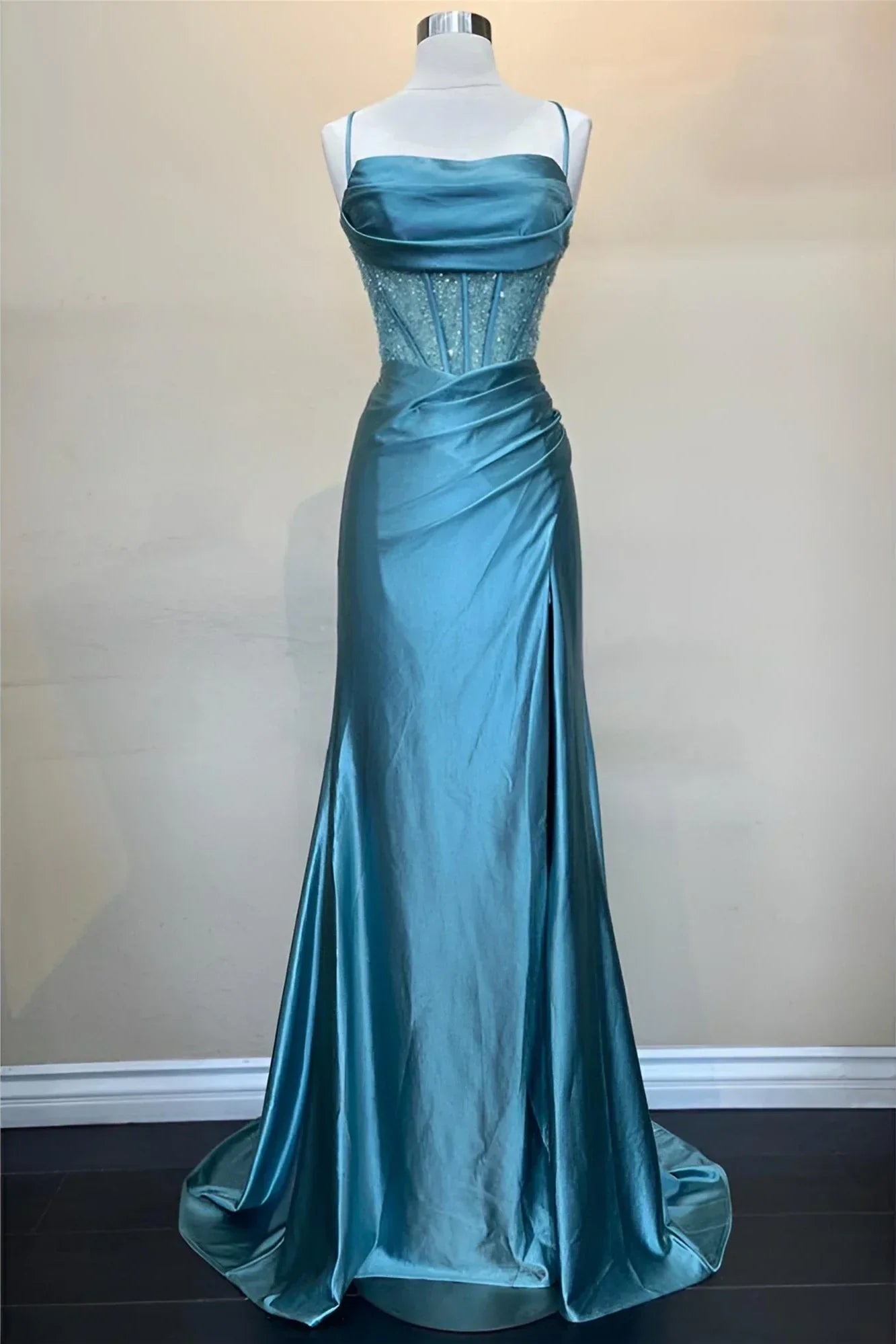 Trendy Mermaid Spaghetti Straps Green Corset Prom Dress with Split Front