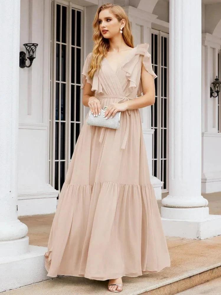 Numbersea Women's Open Back Formal Evening Party Prom Gowns V-Neck Long Chiffon Bridesmaid Dresses with Waist Belt 28038 by numbersea