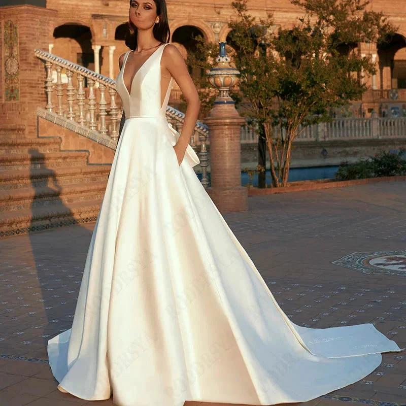 Spaghetti Straps V-Neck Vestido De Novia Sleeveless Appliques Satin Bride Party Backless A-Line Wedding Dress For Women (ZD13532)