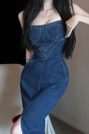 Retro Split Maxi Denim Dress - VelvetHem