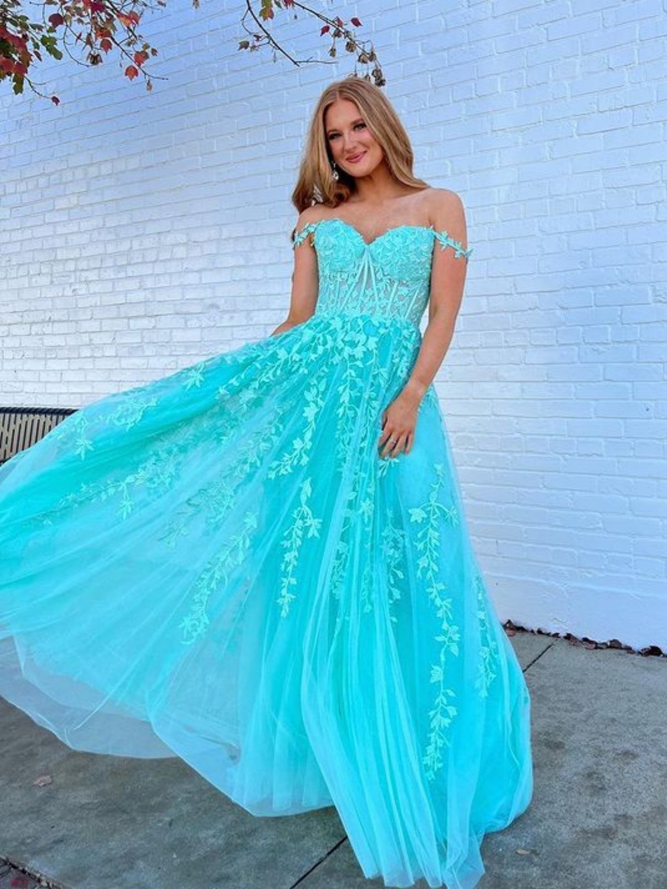 A Line Navy Straps Lace Long Prom Dress - Fashionpara