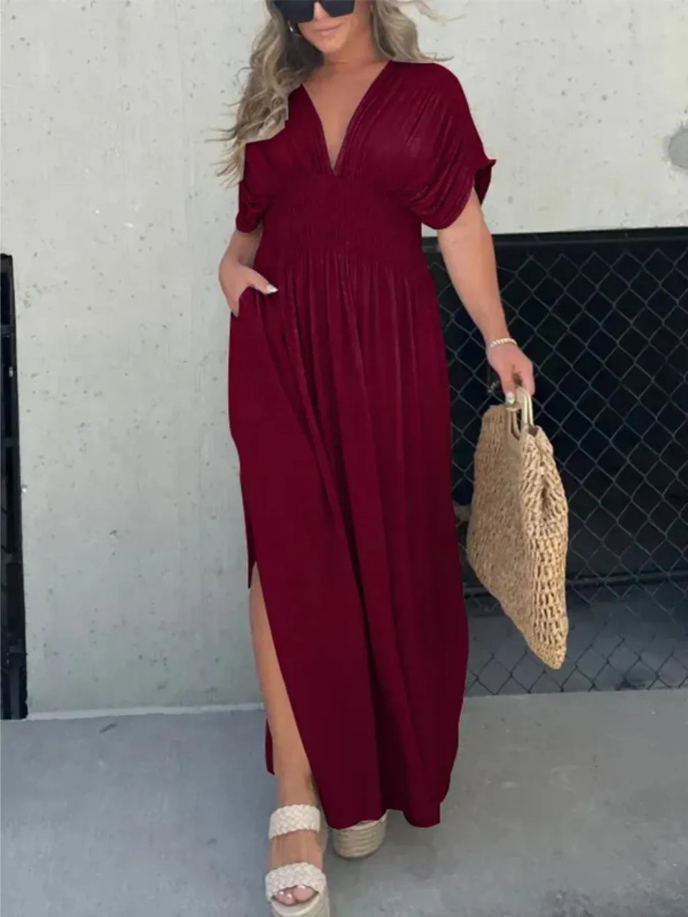 Letizia Minimalist Maxi Dress with V Neckline and Side Slit Premium Wardrobe Essential
