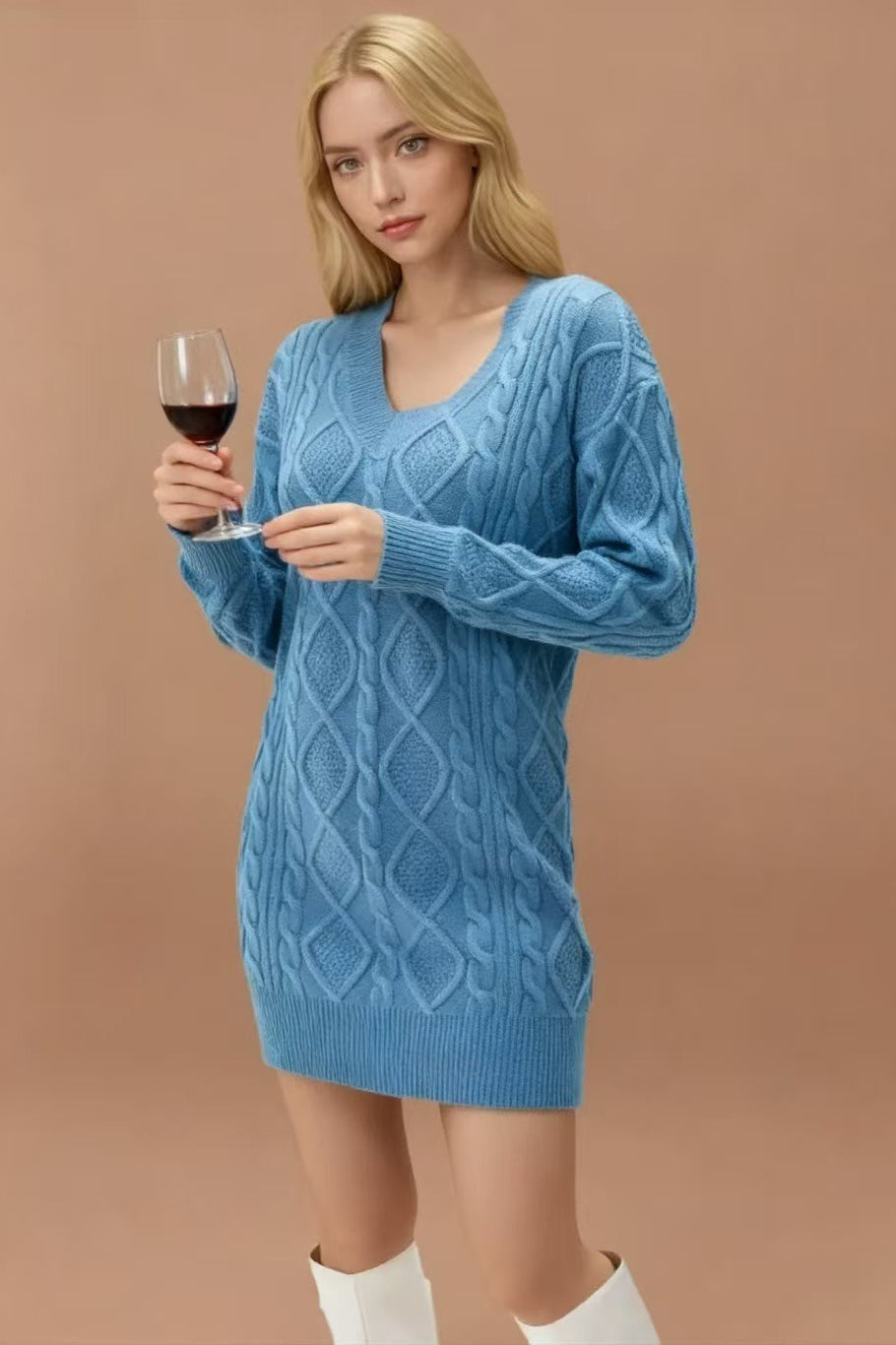 V Neck Cable Knit Work Dress - View 3 | VelvetHem