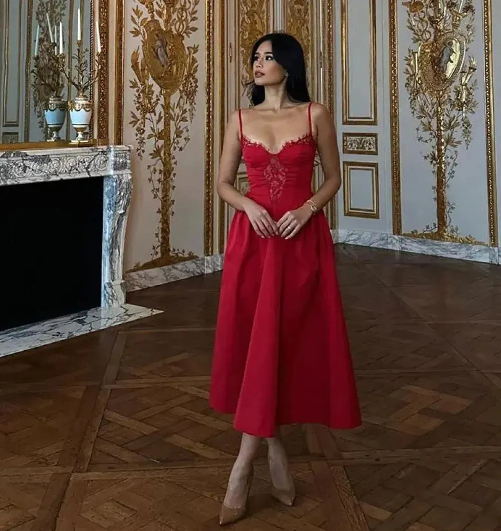 Fashion Red A-Line Prom Dress Sweetheart Spaghetti Strap Pleat Ruched Tea Length Lace Evening Dress robes de soirée